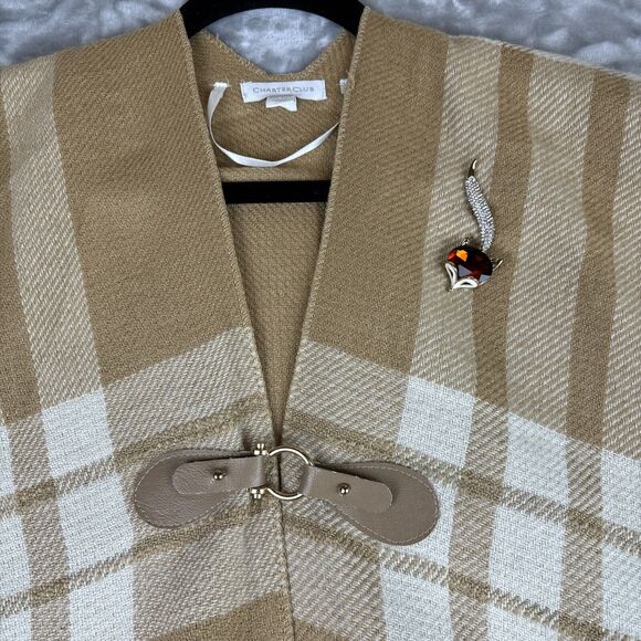 Charter Club Poncho Shawl Women's One Size‎ Tan/Cream Plaid Throw Fox Pin (0806) - Picture 4 of 10
